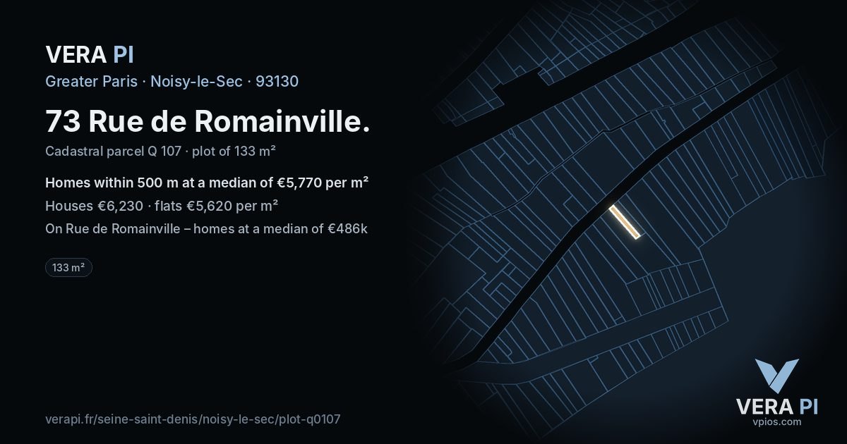 73 Rue de Romainville, Noisy-le-Sec at night – the plot lit, the parcels around coloured by the prices near them
