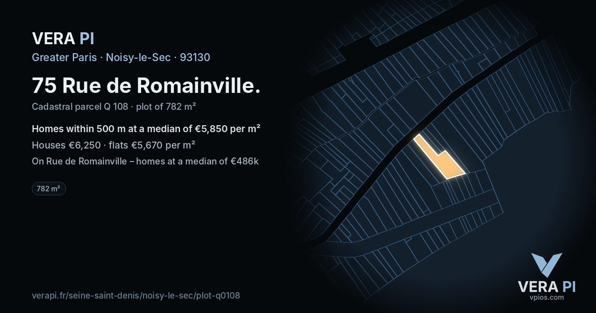 75 Rue de Romainville, Noisy-le-Sec at night – the plot lit, the parcels around coloured by the prices near them