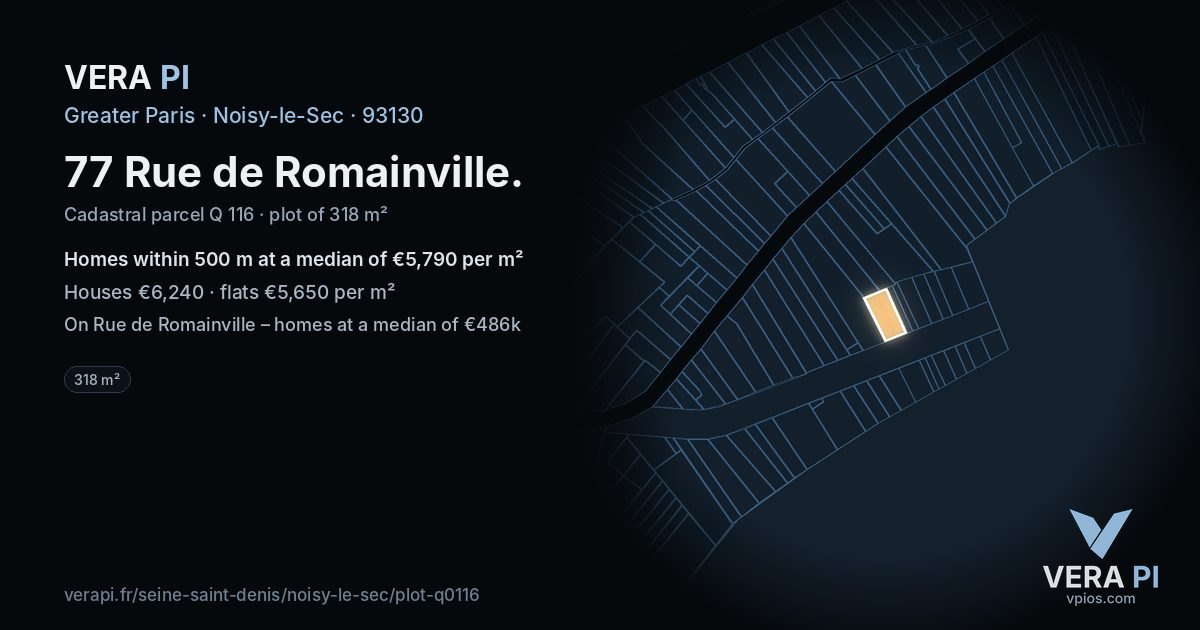 77 Rue de Romainville, Noisy-le-Sec at night – the plot lit, the parcels around coloured by the prices near them