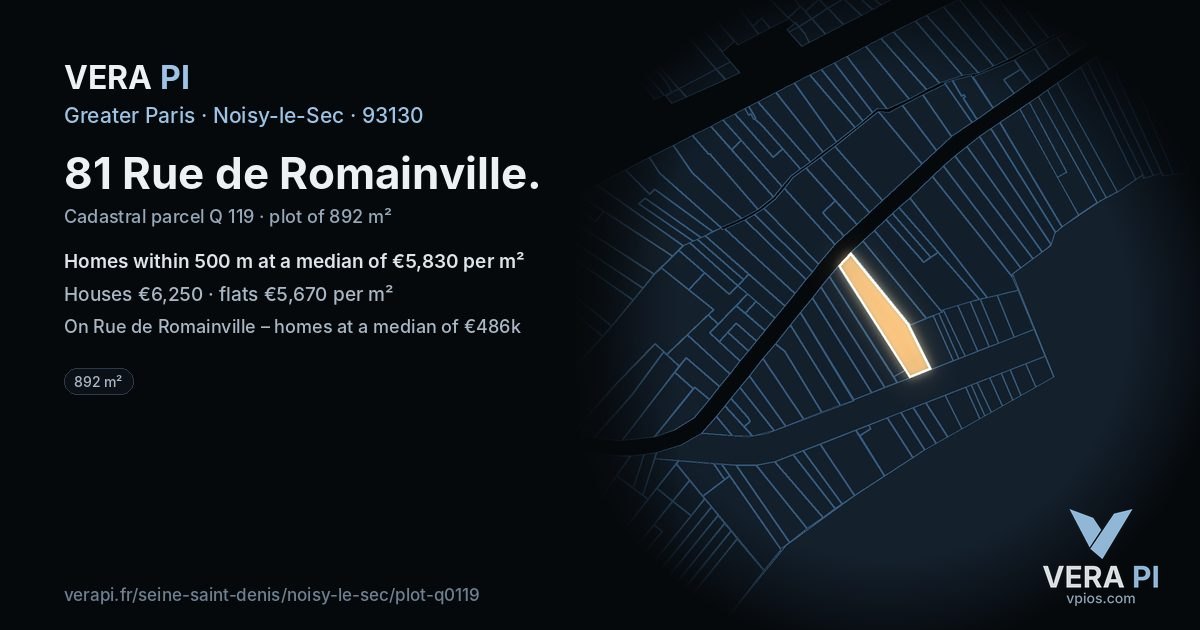 81 Rue de Romainville, Noisy-le-Sec at night – the plot lit, the parcels around coloured by the prices near them