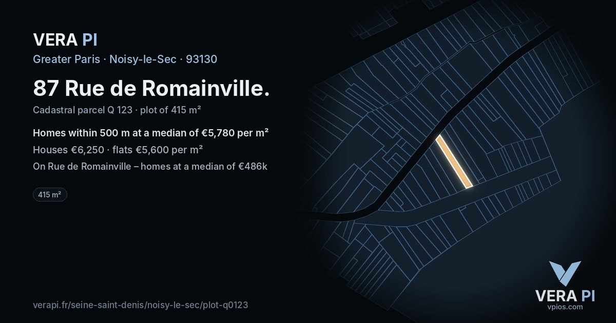 87 Rue de Romainville, Noisy-le-Sec at night – the plot lit, the parcels around coloured by the prices near them