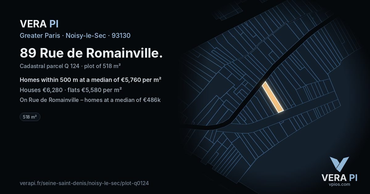 89 Rue de Romainville, Noisy-le-Sec at night – the plot lit, the parcels around coloured by the prices near them