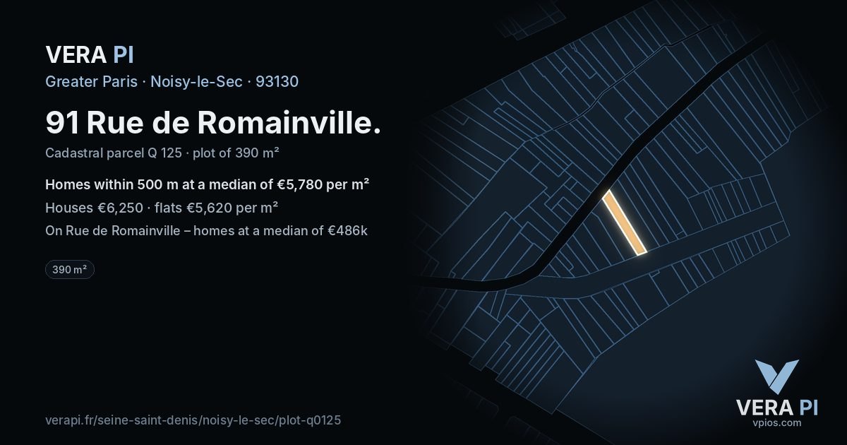 91 Rue de Romainville, Noisy-le-Sec at night – the plot lit, the parcels around coloured by the prices near them