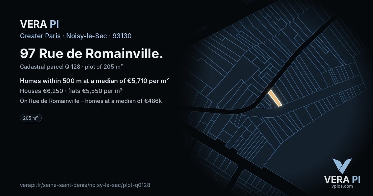 97 Rue de Romainville, Noisy-le-Sec at night – the plot lit, the parcels around coloured by the prices near them