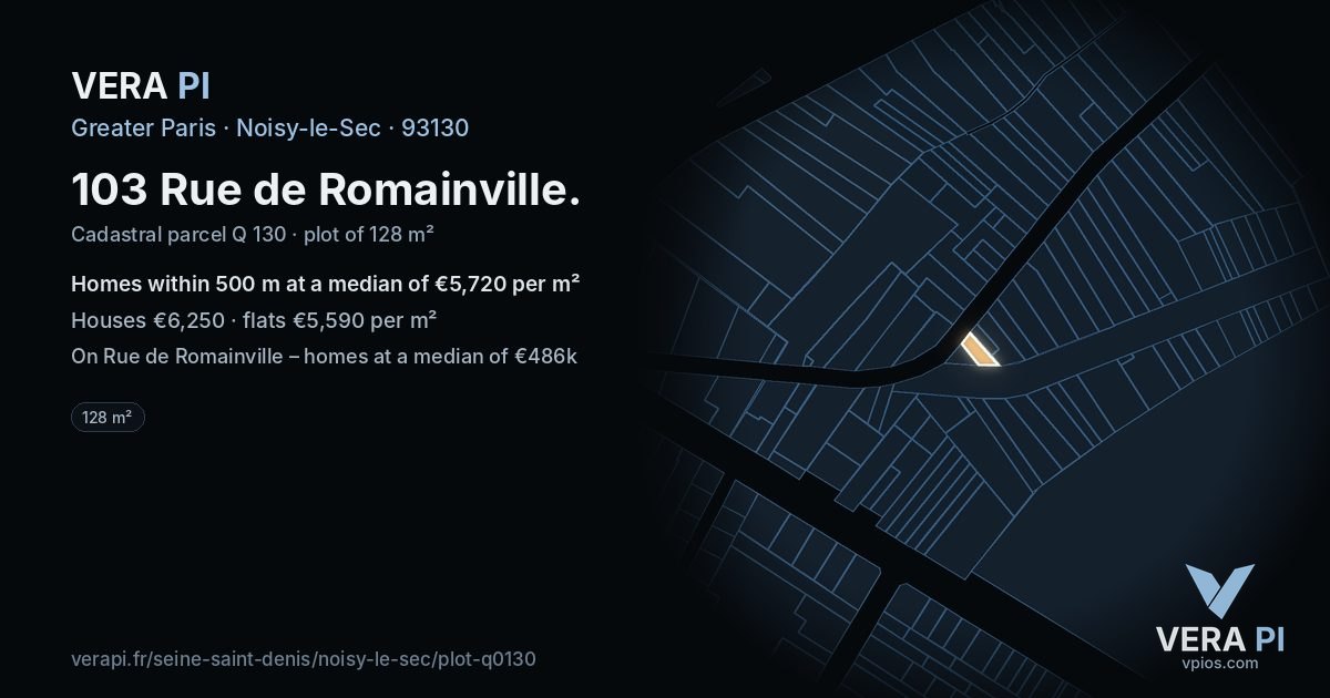 103 Rue de Romainville, Noisy-le-Sec at night – the plot lit, the parcels around coloured by the prices near them