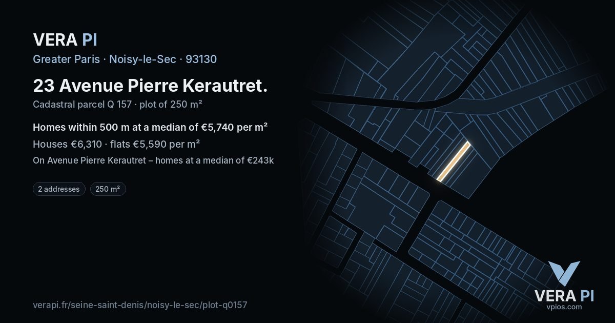 23 Avenue Pierre Kerautret, Noisy-le-Sec at night – the plot lit, the parcels around coloured by the prices near them