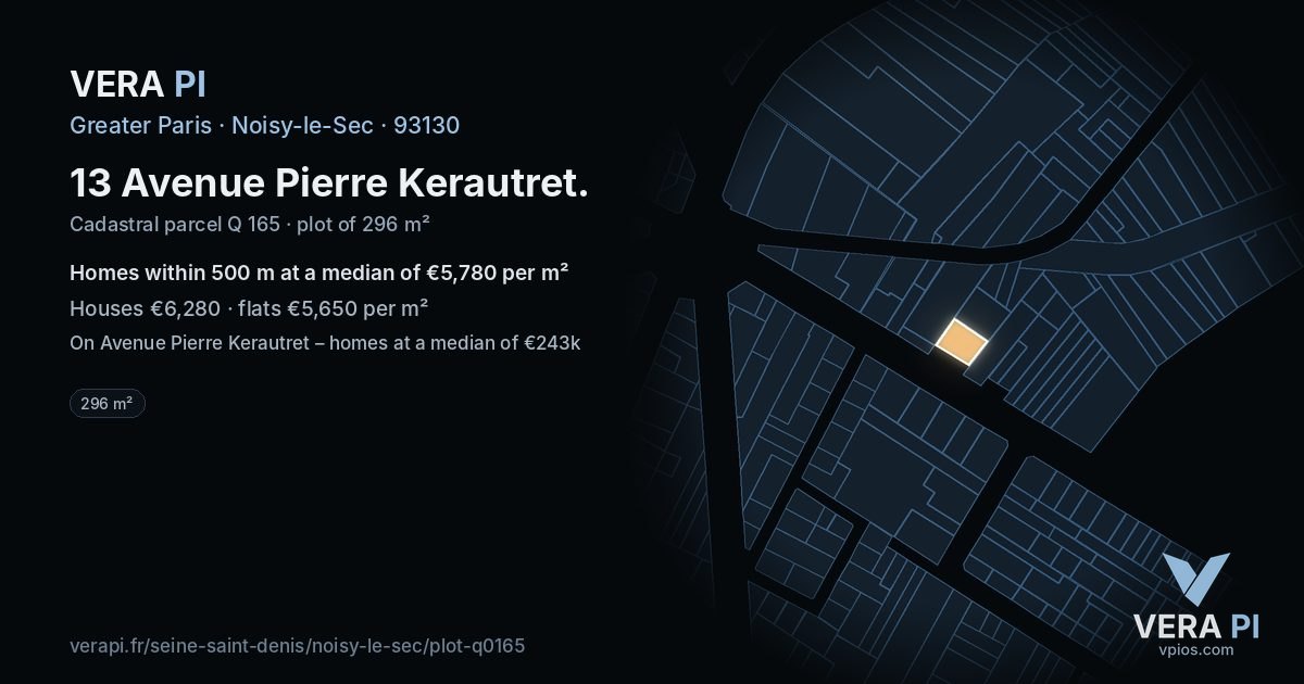 13 Avenue Pierre Kerautret, Noisy-le-Sec at night – the plot lit, the parcels around coloured by the prices near them