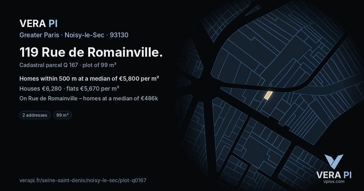 119 Rue de Romainville, Noisy-le-Sec at night – the plot lit, the parcels around coloured by the prices near them