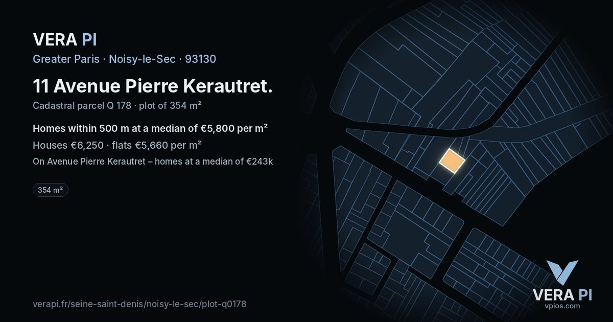 11 Avenue Pierre Kerautret, Noisy-le-Sec at night – the plot lit, the parcels around coloured by the prices near them
