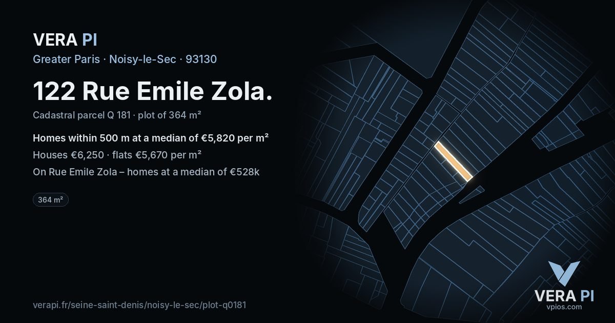 122 Rue Emile Zola, Noisy-le-Sec at night – the plot lit, the parcels around coloured by the prices near them