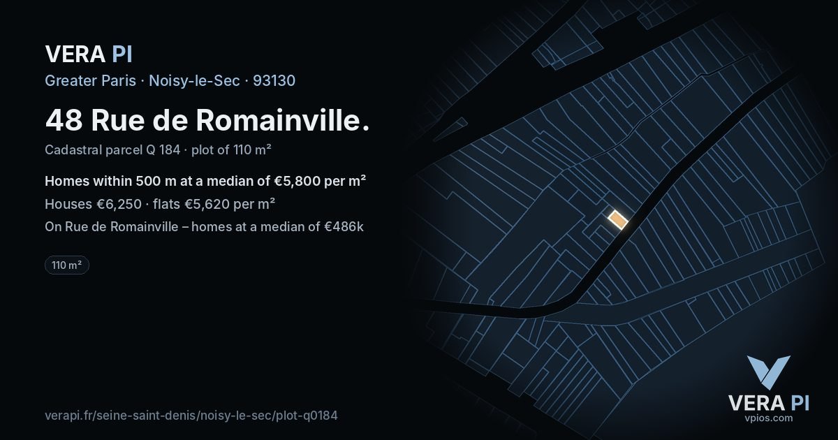 48 Rue de Romainville, Noisy-le-Sec at night – the plot lit, the parcels around coloured by the prices near them