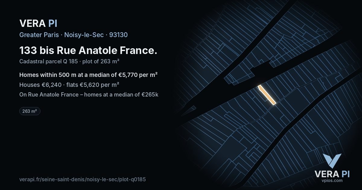 133 bis Rue Anatole France, Noisy-le-Sec at night – the plot lit, the parcels around coloured by the prices near them