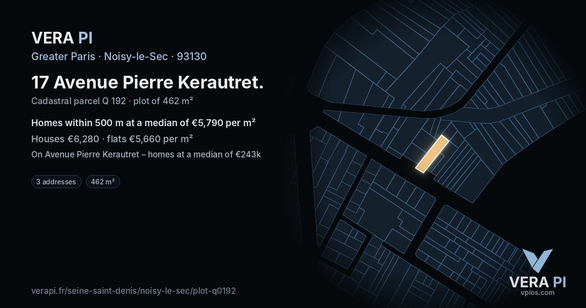 17 Avenue Pierre Kerautret, Noisy-le-Sec at night – the plot lit, the parcels around coloured by the prices near them
