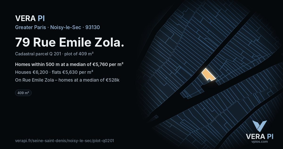 79 Rue Emile Zola, Noisy-le-Sec at night – the plot lit, the parcels around coloured by the prices near them