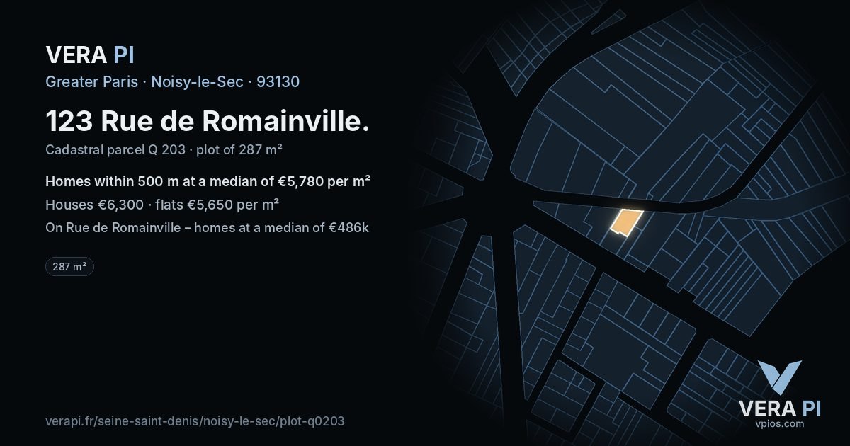 123 Rue de Romainville, Noisy-le-Sec at night – the plot lit, the parcels around coloured by the prices near them