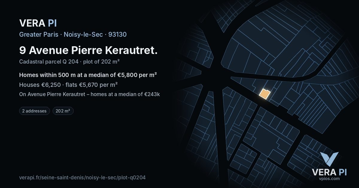 9 Avenue Pierre Kerautret, Noisy-le-Sec at night – the plot lit, the parcels around coloured by the prices near them