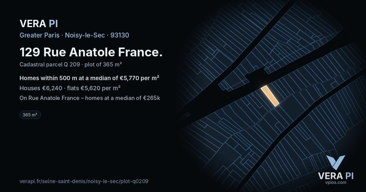 129 Rue Anatole France, Noisy-le-Sec at night – the plot lit, the parcels around coloured by the prices near them
