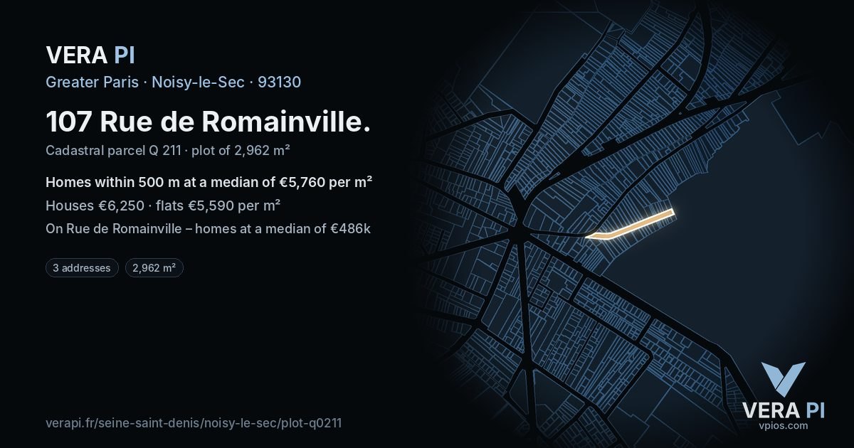 107 Rue de Romainville, Noisy-le-Sec at night – the plot lit, the parcels around coloured by the prices near them