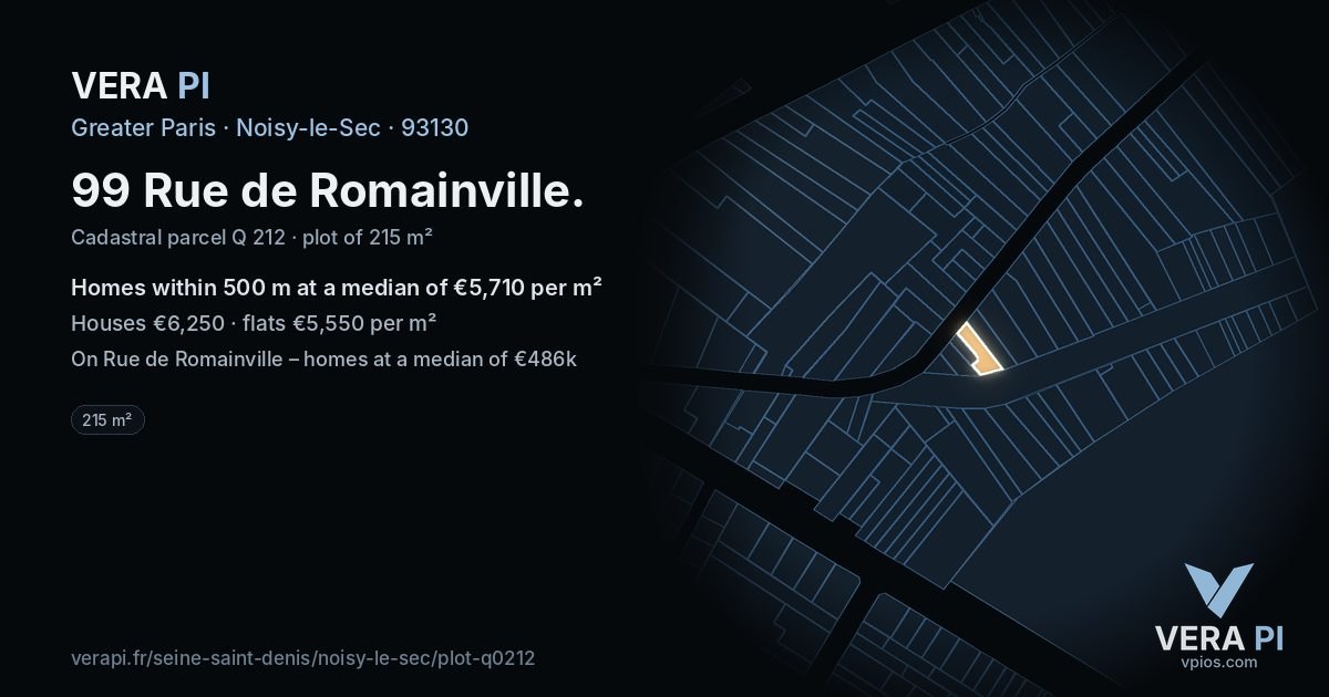 99 Rue de Romainville, Noisy-le-Sec at night – the plot lit, the parcels around coloured by the prices near them