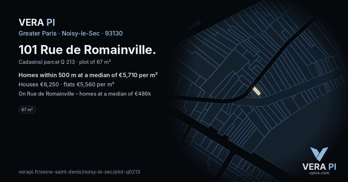 101 Rue de Romainville, Noisy-le-Sec at night – the plot lit, the parcels around coloured by the prices near them