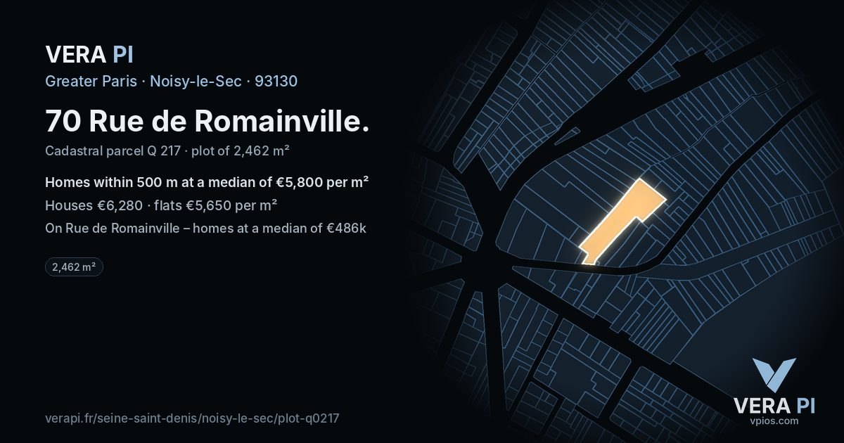 70 Rue de Romainville, Noisy-le-Sec at night – the plot lit, the parcels around coloured by the prices near them