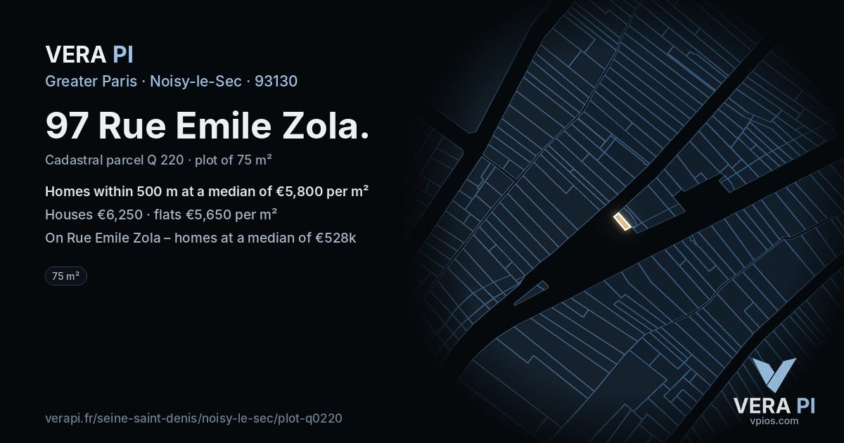97 Rue Emile Zola, Noisy-le-Sec at night – the plot lit, the parcels around coloured by the prices near them