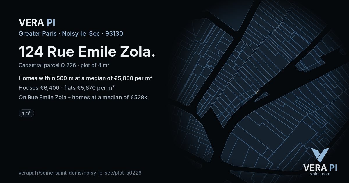 124 Rue Emile Zola, Noisy-le-Sec at night – the plot lit, the parcels around coloured by the prices near them