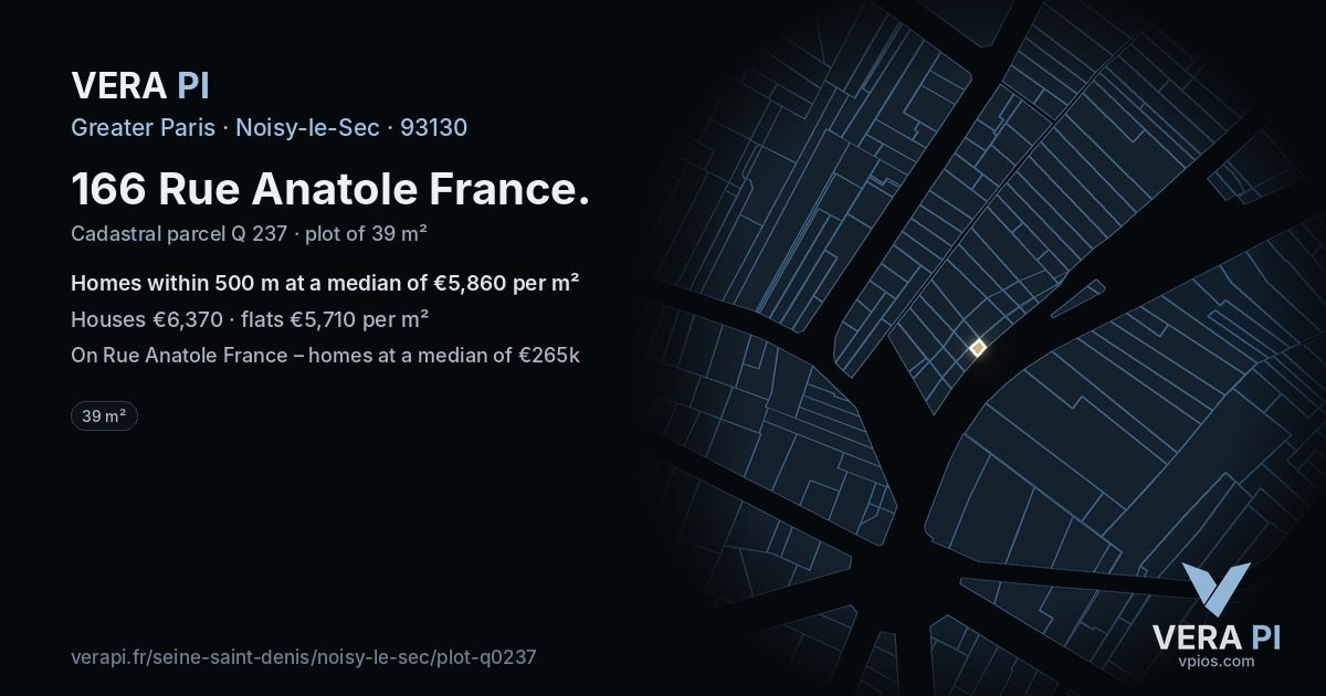166 Rue Anatole France, Noisy-le-Sec at night – the plot lit, the parcels around coloured by the prices near them