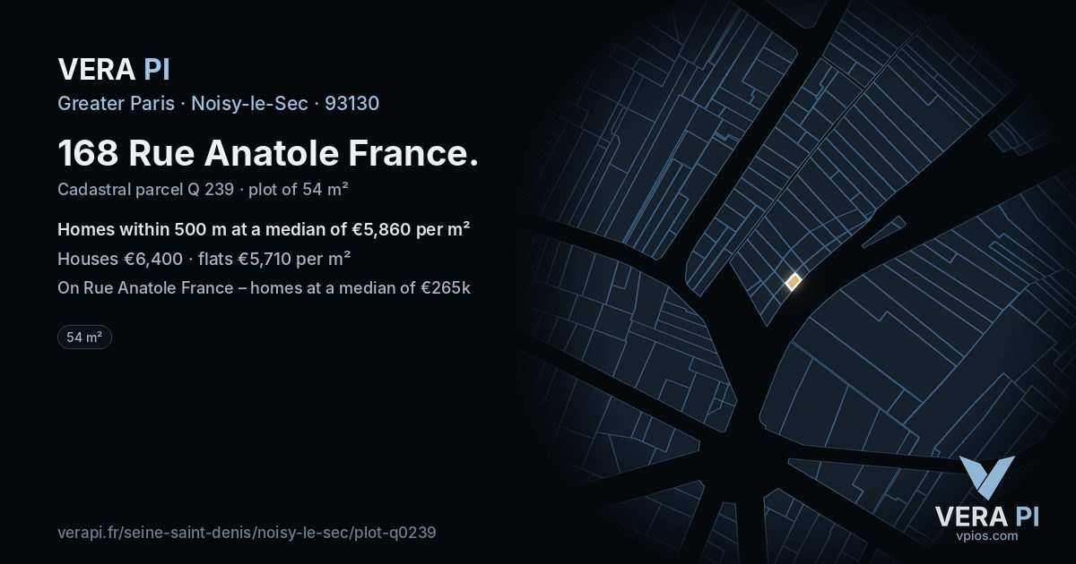 168 Rue Anatole France, Noisy-le-Sec at night – the plot lit, the parcels around coloured by the prices near them