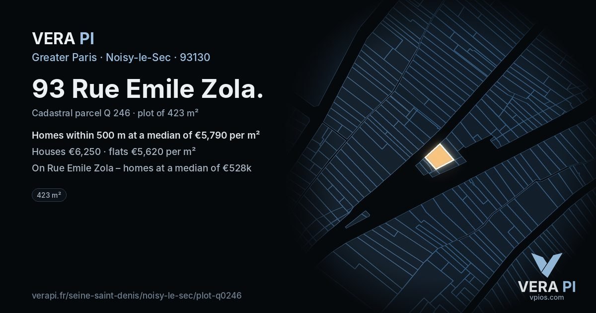 93 Rue Emile Zola, Noisy-le-Sec at night – the plot lit, the parcels around coloured by the prices near them