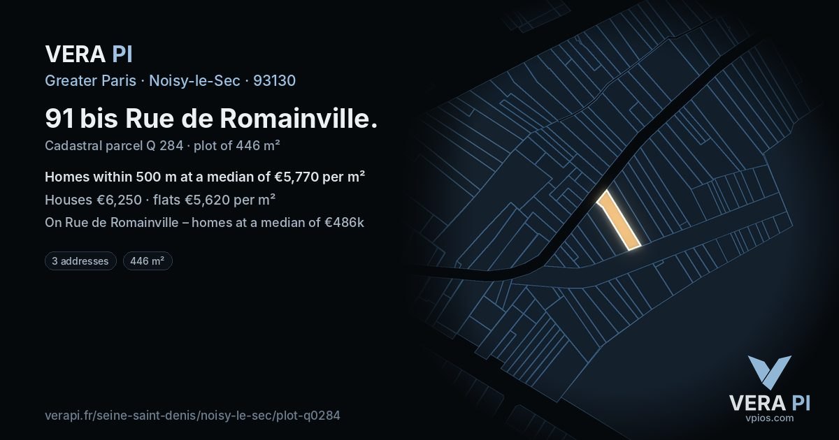 91 bis Rue de Romainville, Noisy-le-Sec at night – the plot lit, the parcels around coloured by the prices near them