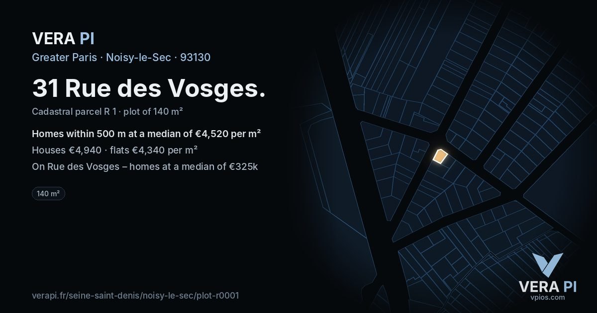 31 Rue des Vosges, Noisy-le-Sec at night – the plot lit, the parcels around coloured by the prices near them
