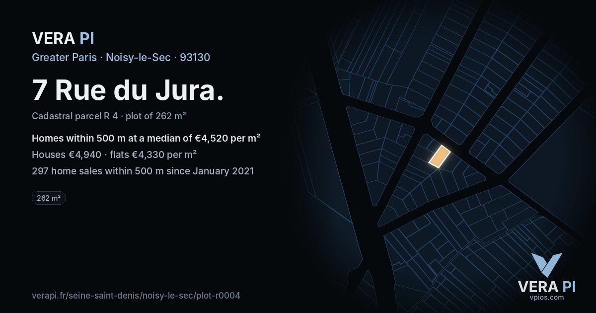 7 Rue du Jura, Noisy-le-Sec at night – the plot lit, the parcels around coloured by the prices near them
