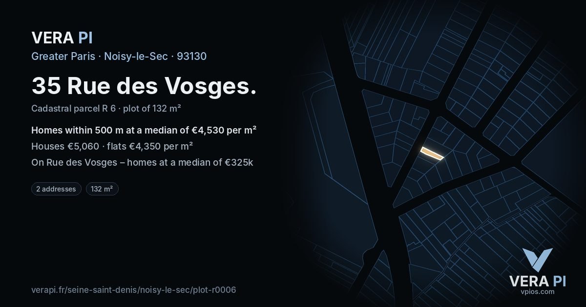 35 Rue des Vosges, Noisy-le-Sec at night – the plot lit, the parcels around coloured by the prices near them