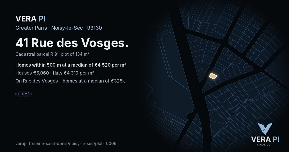 41 Rue des Vosges, Noisy-le-Sec at night – the plot lit, the parcels around coloured by the prices near them