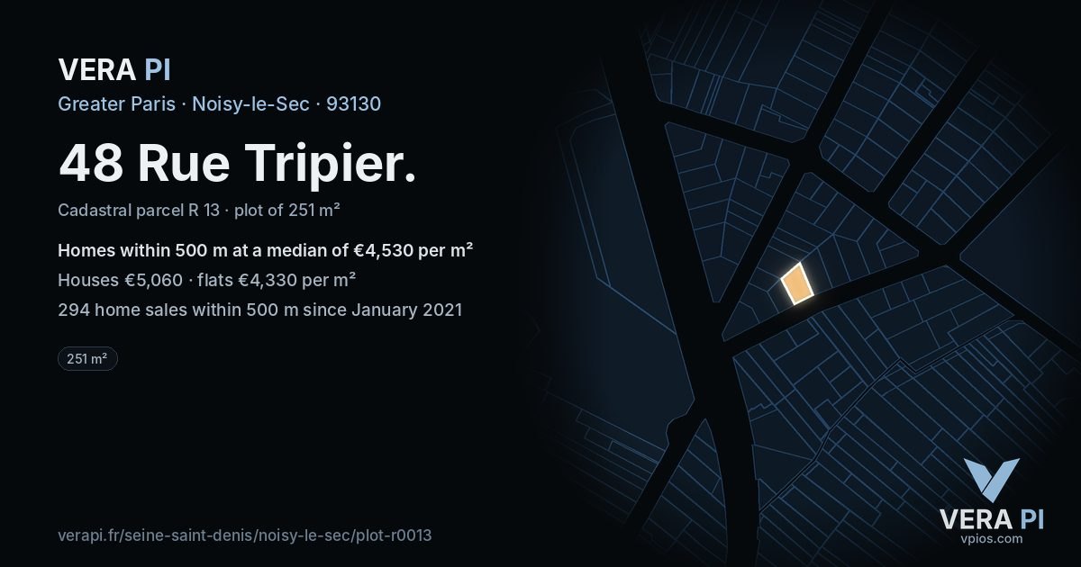 48 Rue Tripier, Noisy-le-Sec at night – the plot lit, the parcels around coloured by the prices near them