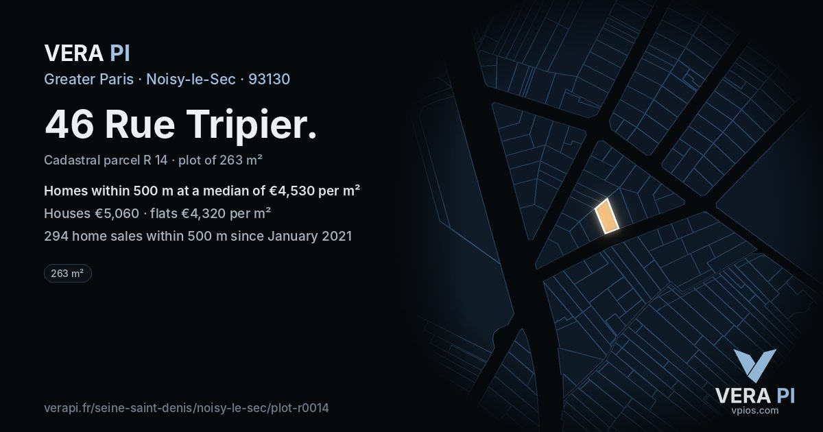 46 Rue Tripier, Noisy-le-Sec at night – the plot lit, the parcels around coloured by the prices near them