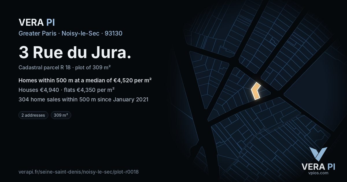 3 Rue du Jura, Noisy-le-Sec at night – the plot lit, the parcels around coloured by the prices near them