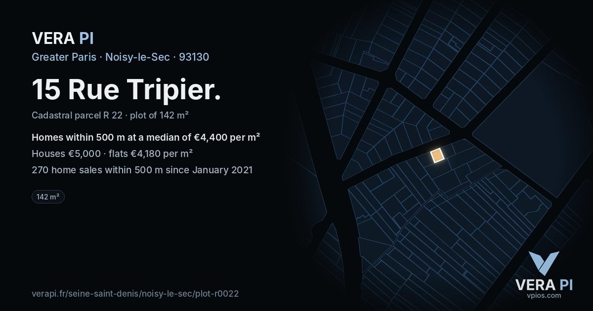 15 Rue Tripier, Noisy-le-Sec at night – the plot lit, the parcels around coloured by the prices near them