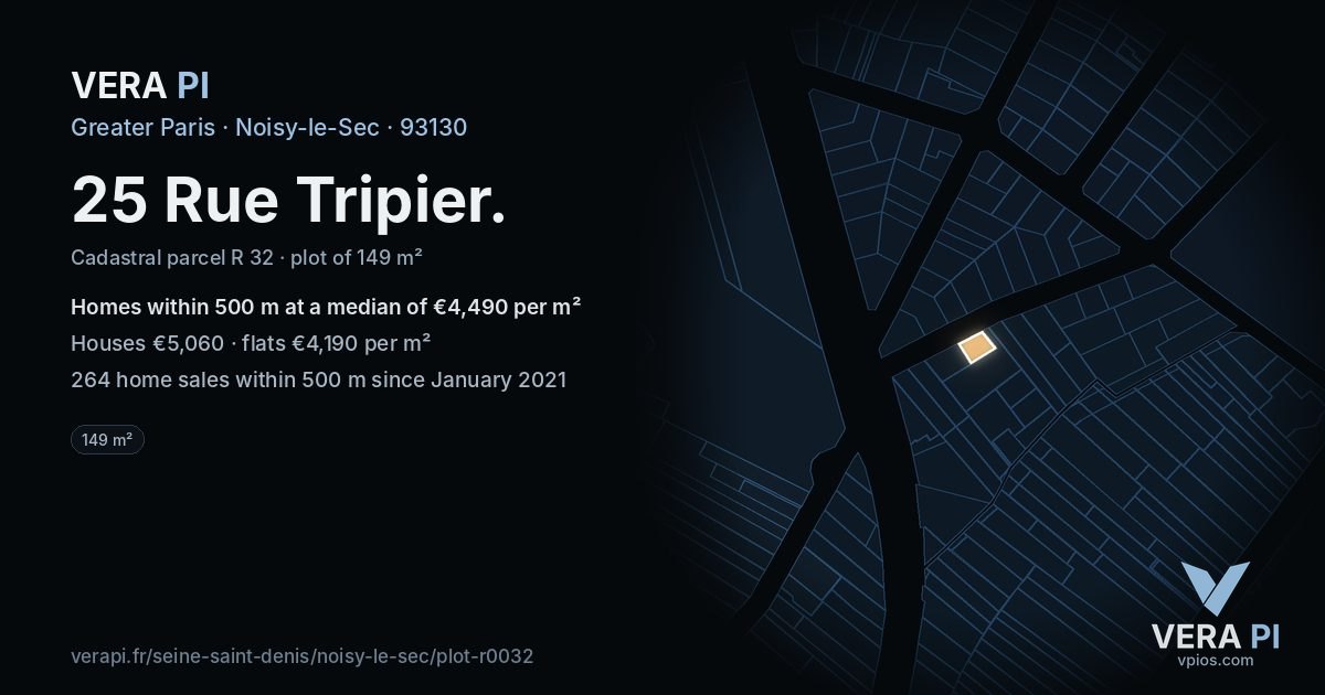 25 Rue Tripier, Noisy-le-Sec at night – the plot lit, the parcels around coloured by the prices near them