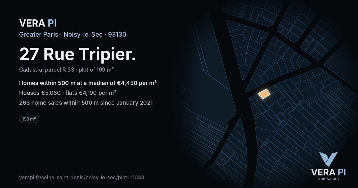 27 Rue Tripier, Noisy-le-Sec at night – the plot lit, the parcels around coloured by the prices near them