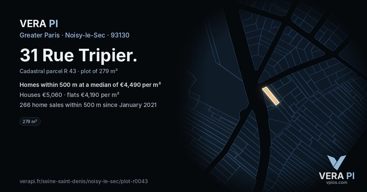 31 Rue Tripier, Noisy-le-Sec at night – the plot lit, the parcels around coloured by the prices near them