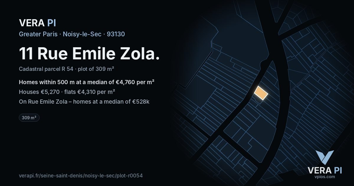 11 Rue Emile Zola, Noisy-le-Sec at night – the plot lit, the parcels around coloured by the prices near them