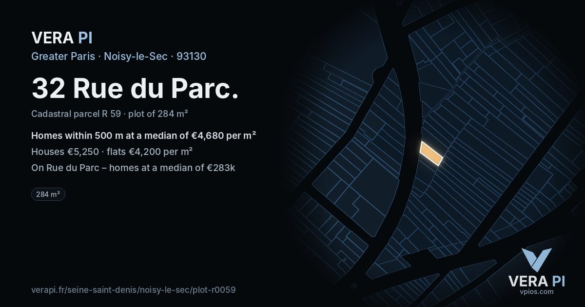 32 Rue du Parc, Noisy-le-Sec at night – the plot lit, the parcels around coloured by the prices near them