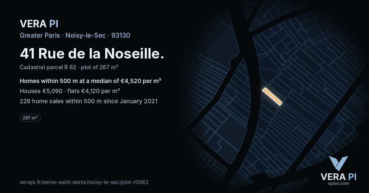 41 Rue de la Noseille, Noisy-le-Sec at night – the plot lit, the parcels around coloured by the prices near them
