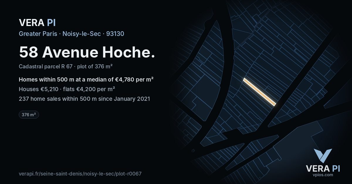 58 Avenue Hoche, Noisy-le-Sec at night – the plot lit, the parcels around coloured by the prices near them