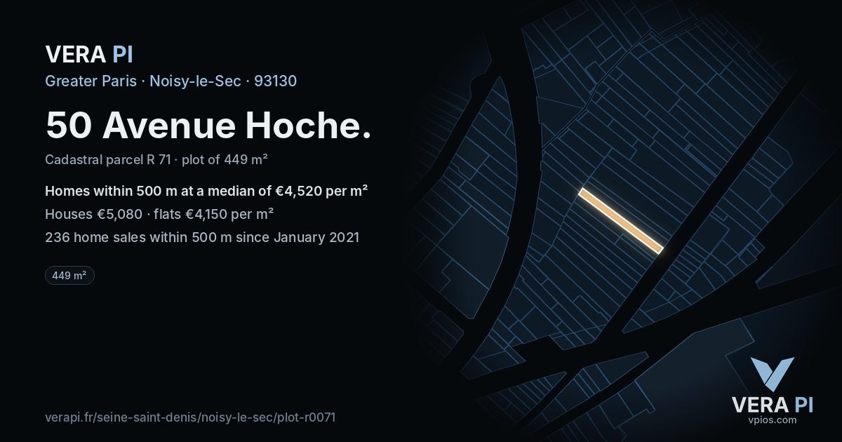 50 Avenue Hoche, Noisy-le-Sec at night – the plot lit, the parcels around coloured by the prices near them