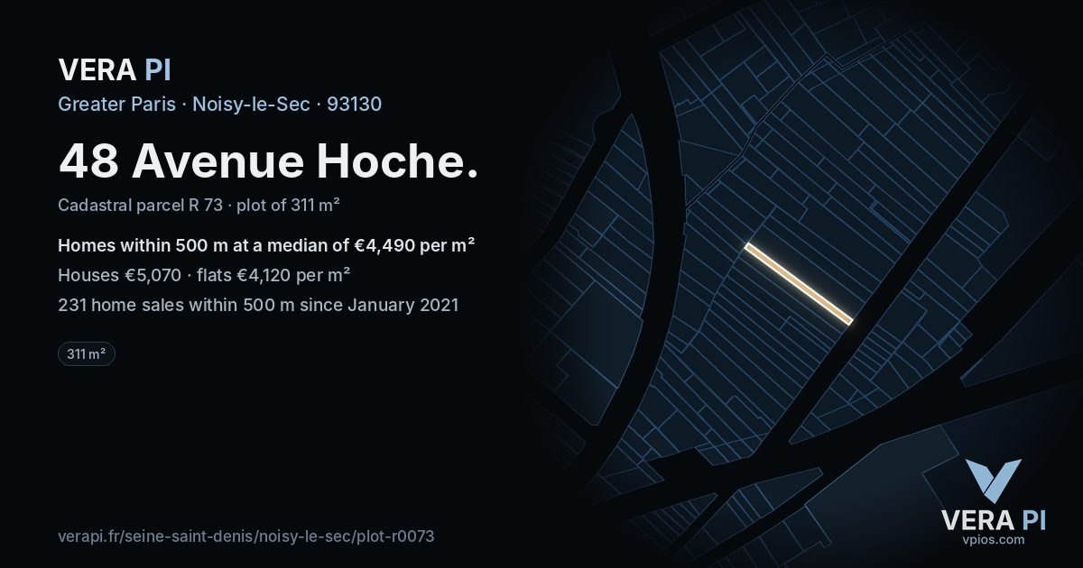 48 Avenue Hoche, Noisy-le-Sec at night – the plot lit, the parcels around coloured by the prices near them