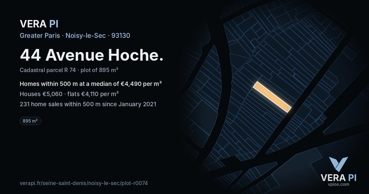 44 Avenue Hoche, Noisy-le-Sec at night – the plot lit, the parcels around coloured by the prices near them