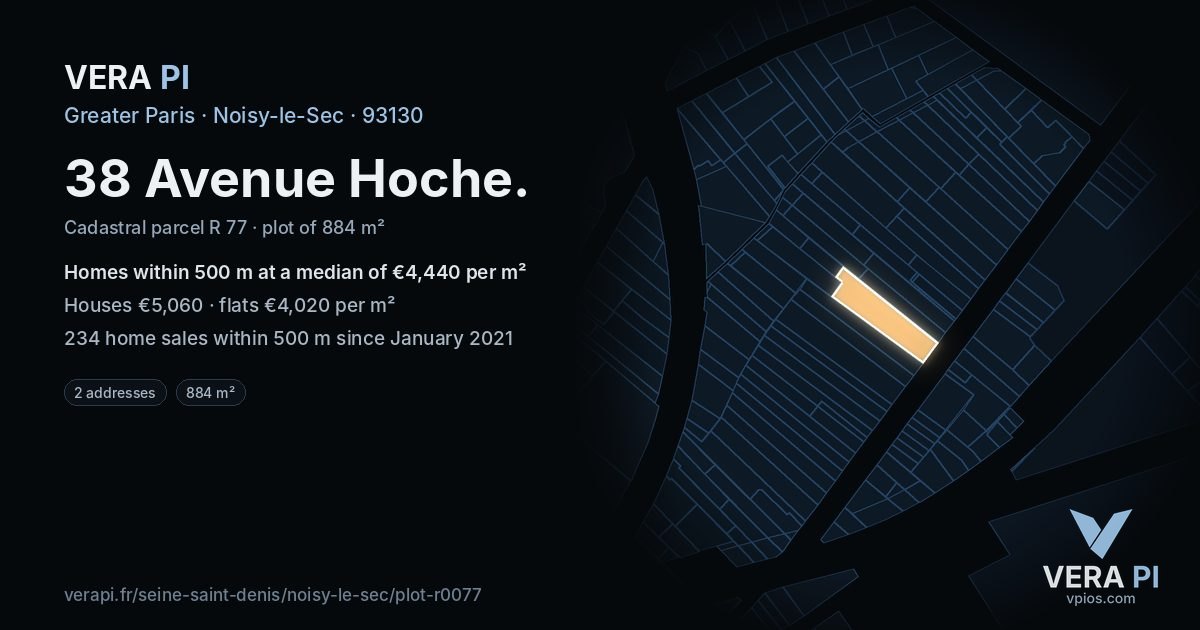 38 Avenue Hoche, Noisy-le-Sec at night – the plot lit, the parcels around coloured by the prices near them
